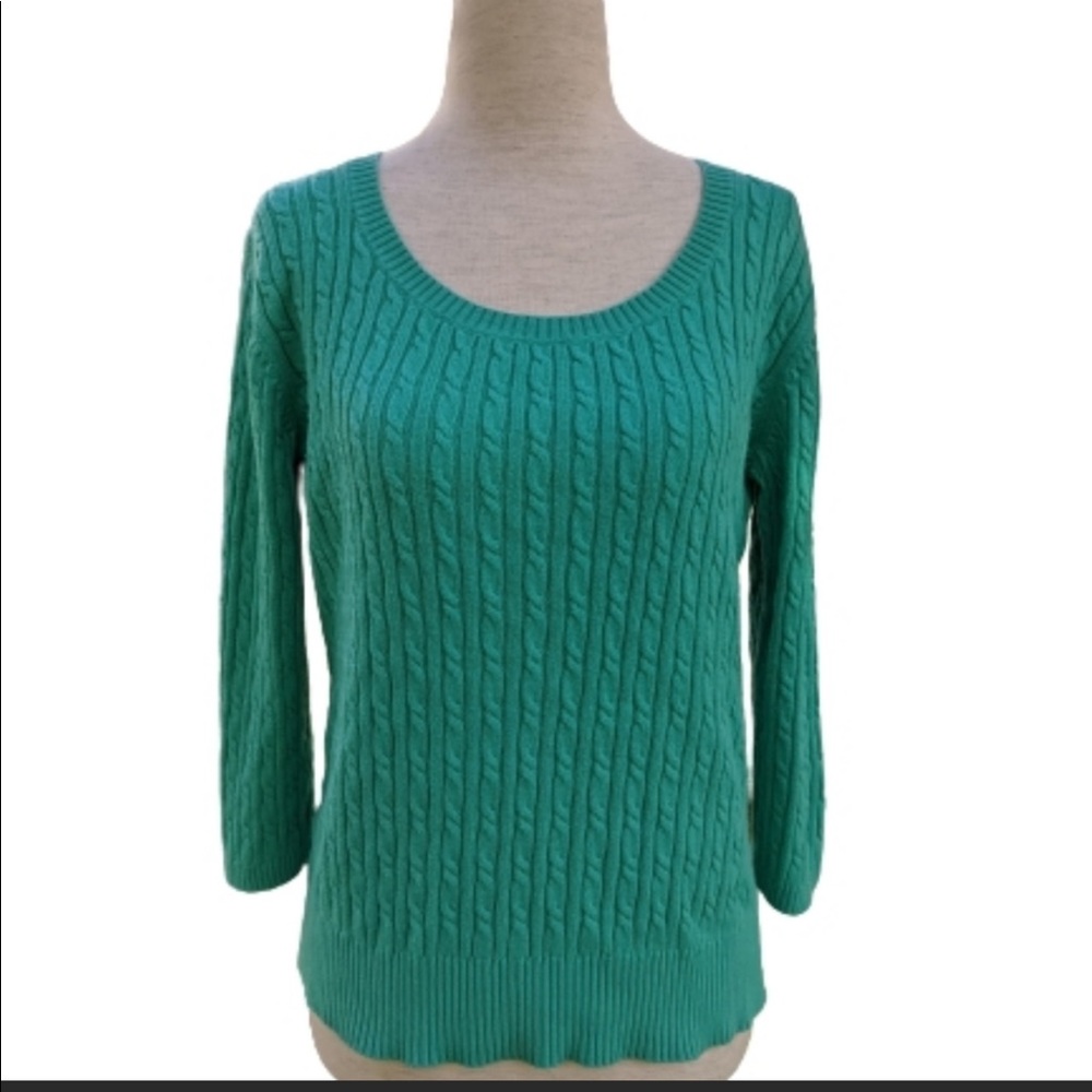LOFT Teal Cable Knit Scoop Neck Sweater